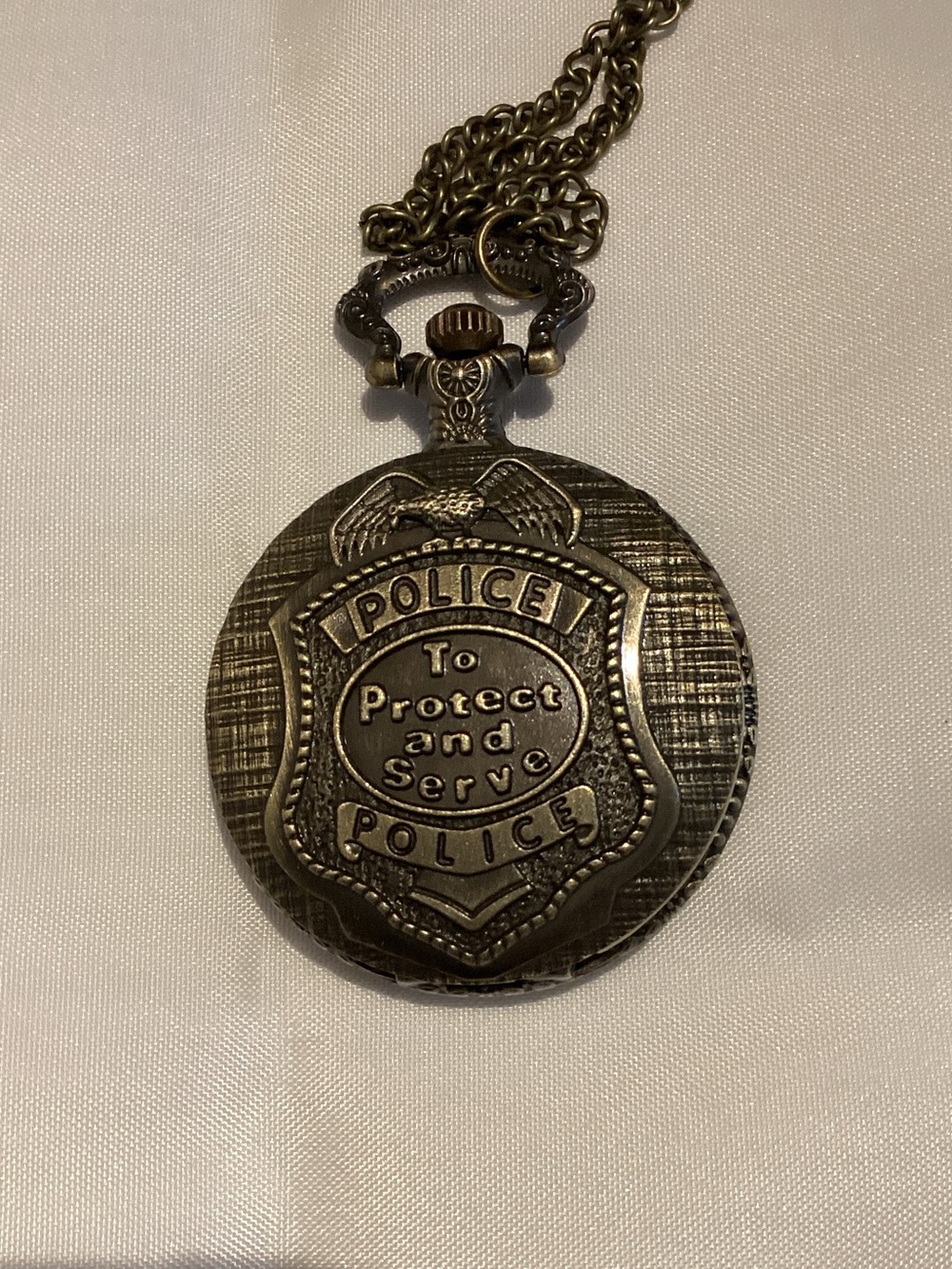 Antique-Style Police Shield Pocket Watch Necklace - Bronze Finish